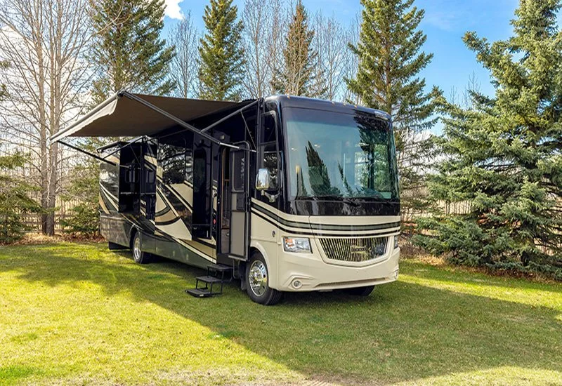 Motorhome parked outdoors for professional RV washing and exterior cleaning