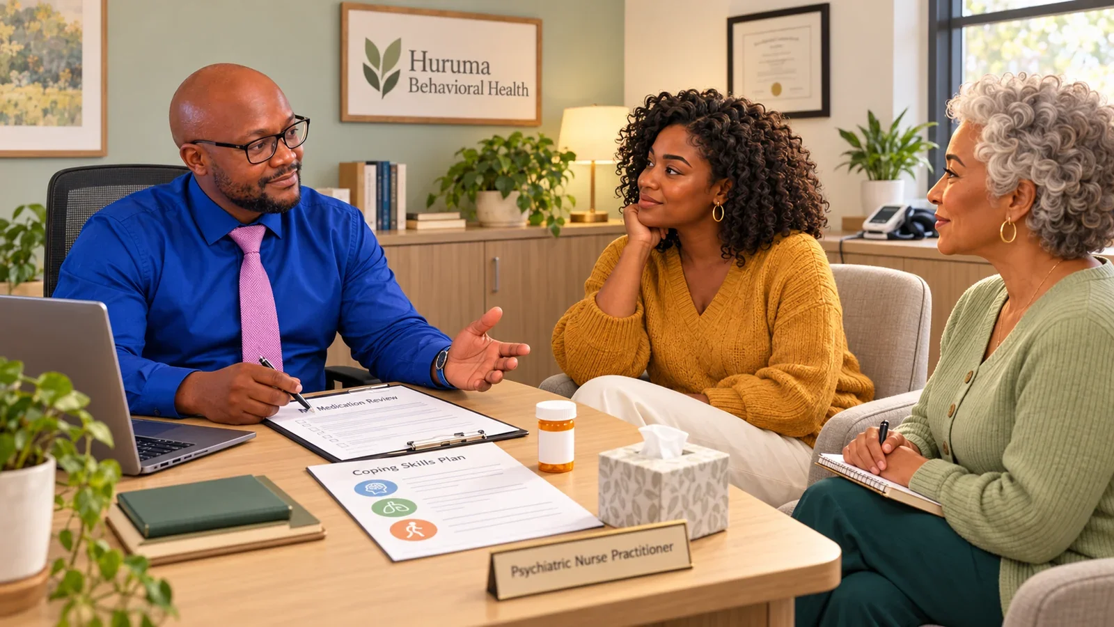 Illustrative consultation showing Patrick discussing a care plan with an adult patient and her caregiver.