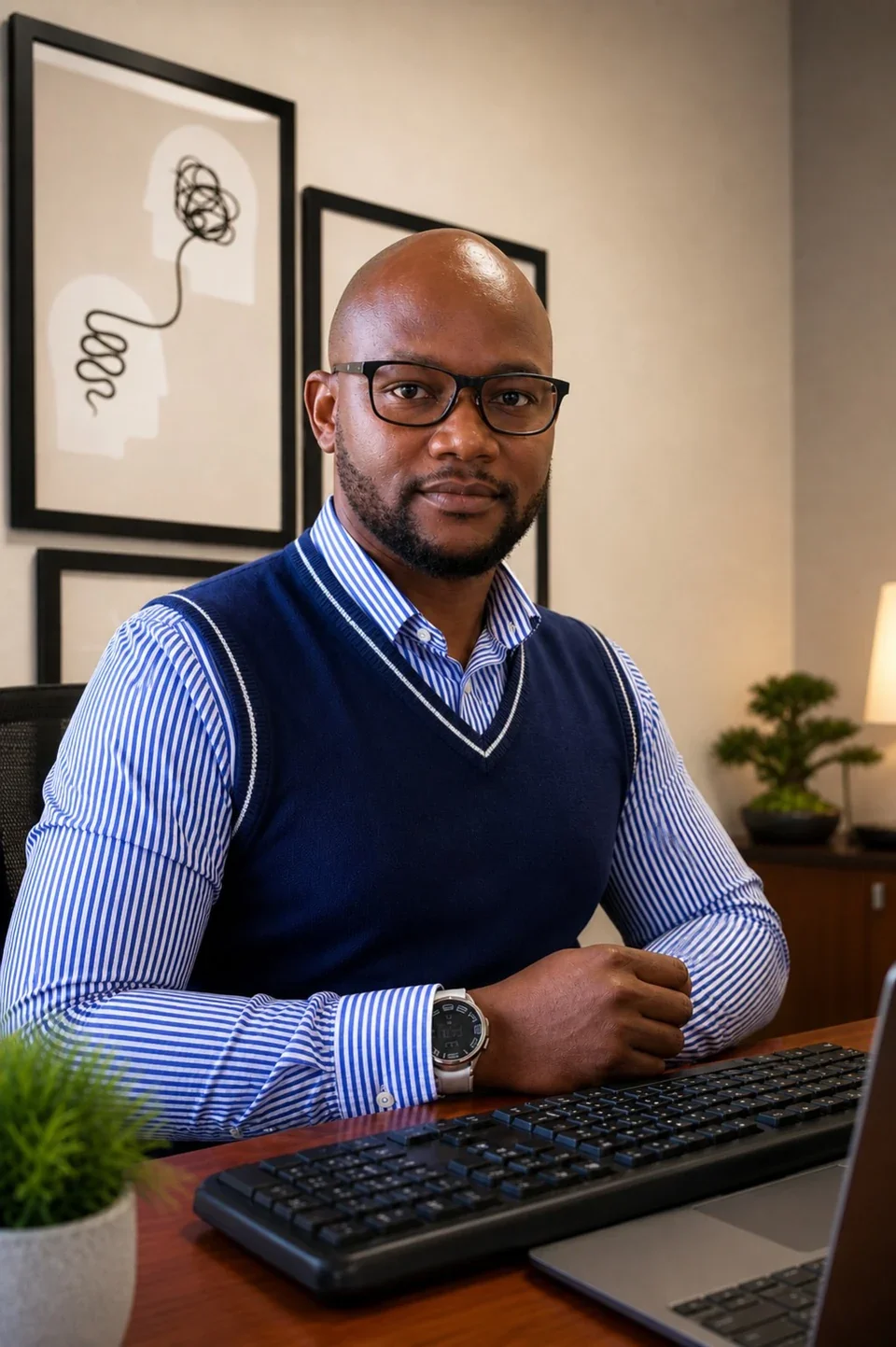 Patrick Machuki, psychiatric mental health nurse practitioner, seated in his office wearing a blue striped shirt and navy sweater vest.