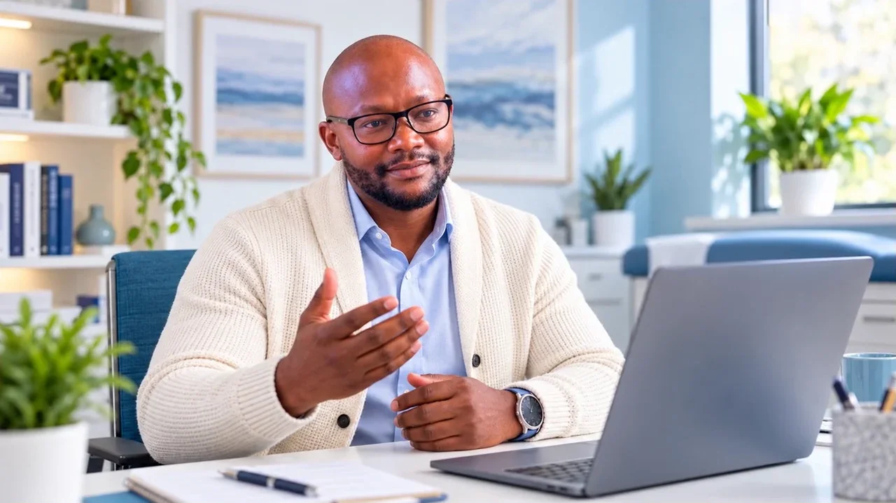 Illustrative telehealth scene with Patrick in a cream cardigan at a laptop in a bright office.