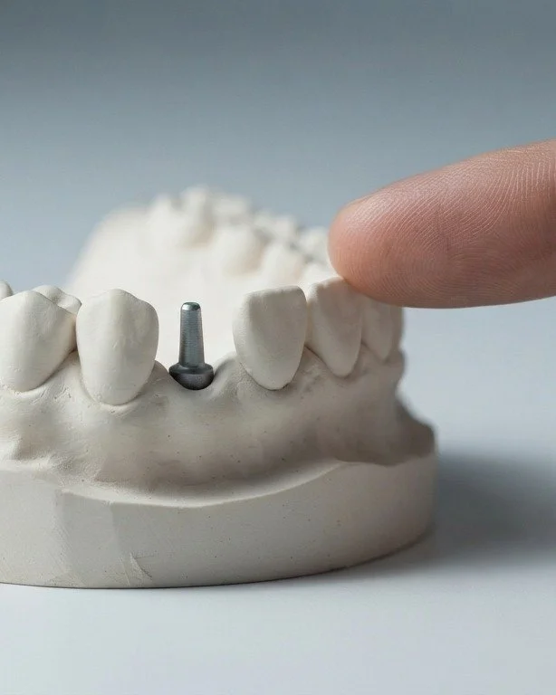 Kiefermodell mit Implantatpfosten in der Lücke, die Nachbarzähne unversehrt. Zahnimplantat in Binningen
