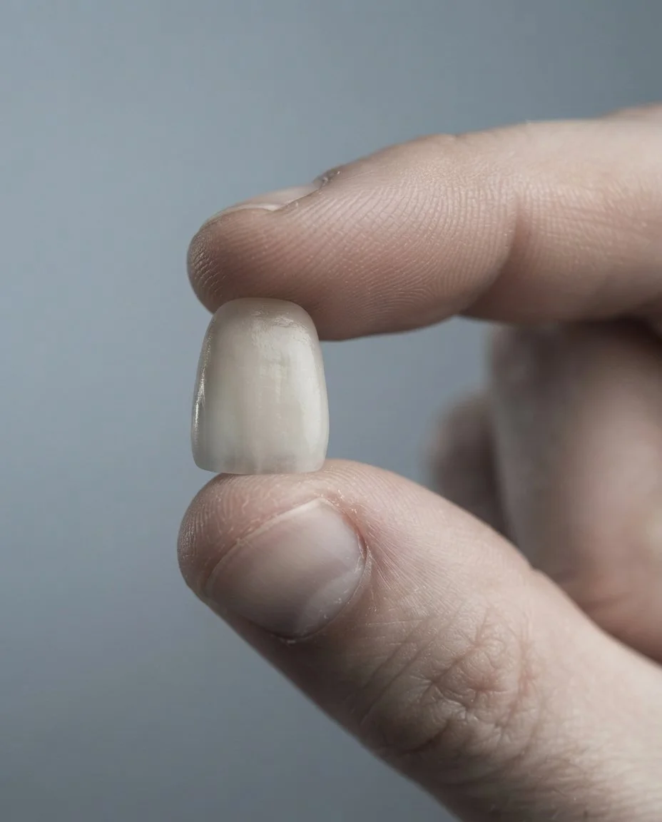 Vollkeramische Krone zwischen zwei Fingerspitzen. Kronen, Brücken und Veneers in Binningen