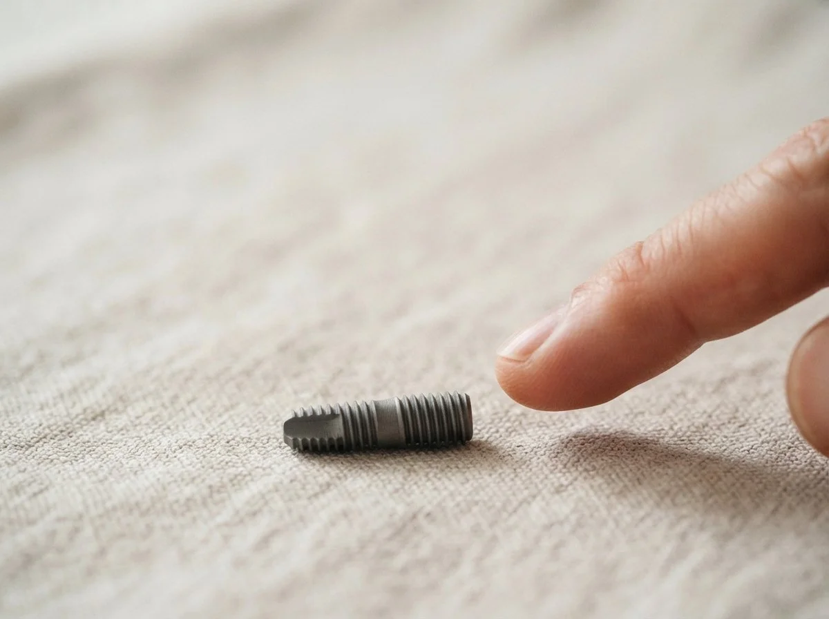 Einzelnes Titanimplantat auf Leinen, daneben eine Fingerspitze als Grössenvergleich. Zahnimplantat in Binningen