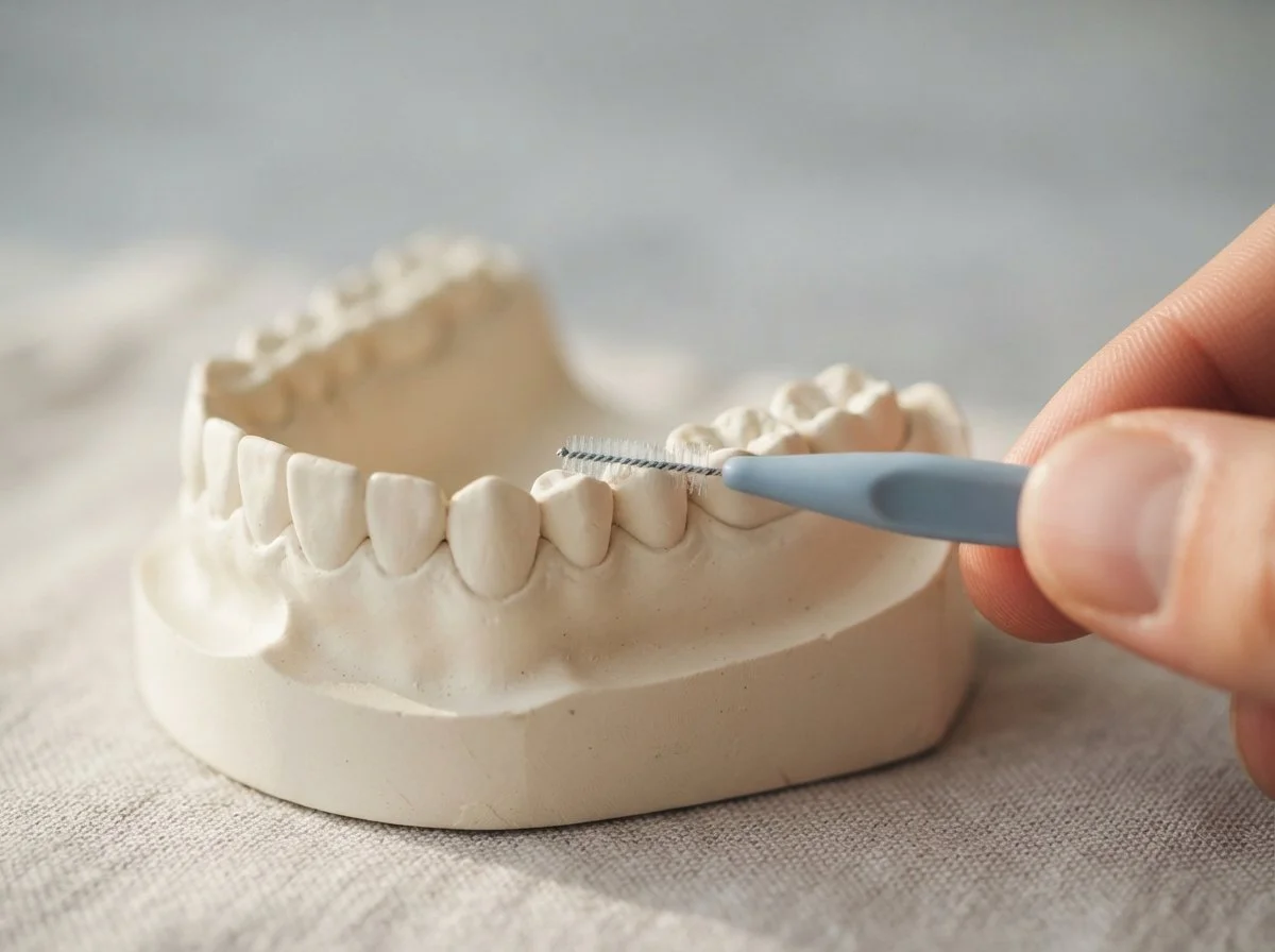 Interdentalbürste am Zahnzwischenraum eines Kiefermodells. Parodontitisbehandlung in Binningen