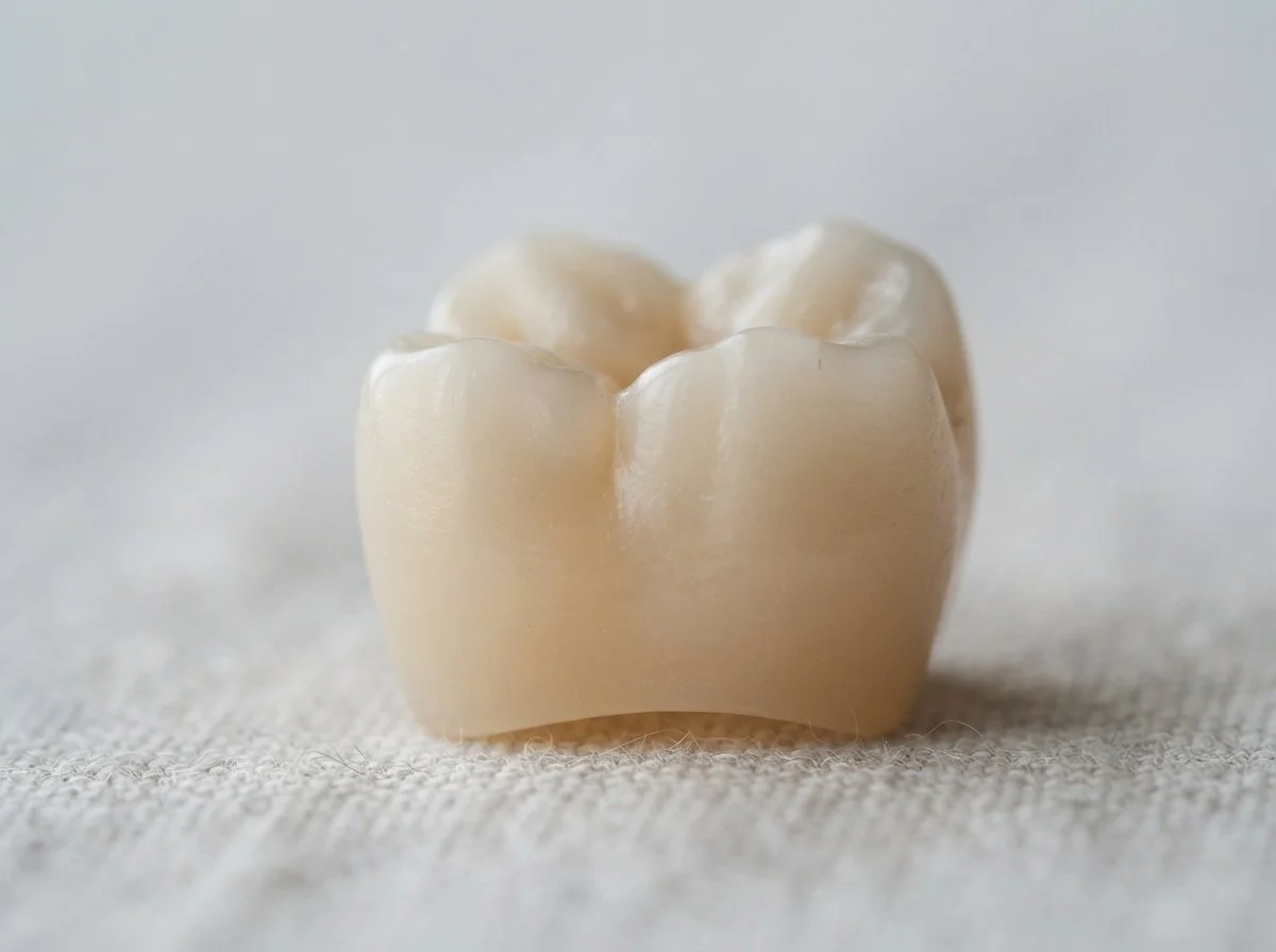 Vollkeramische Krone für einen Backenzahn auf hellem Leinen. Kronen, Brücken und Veneers in Binningen