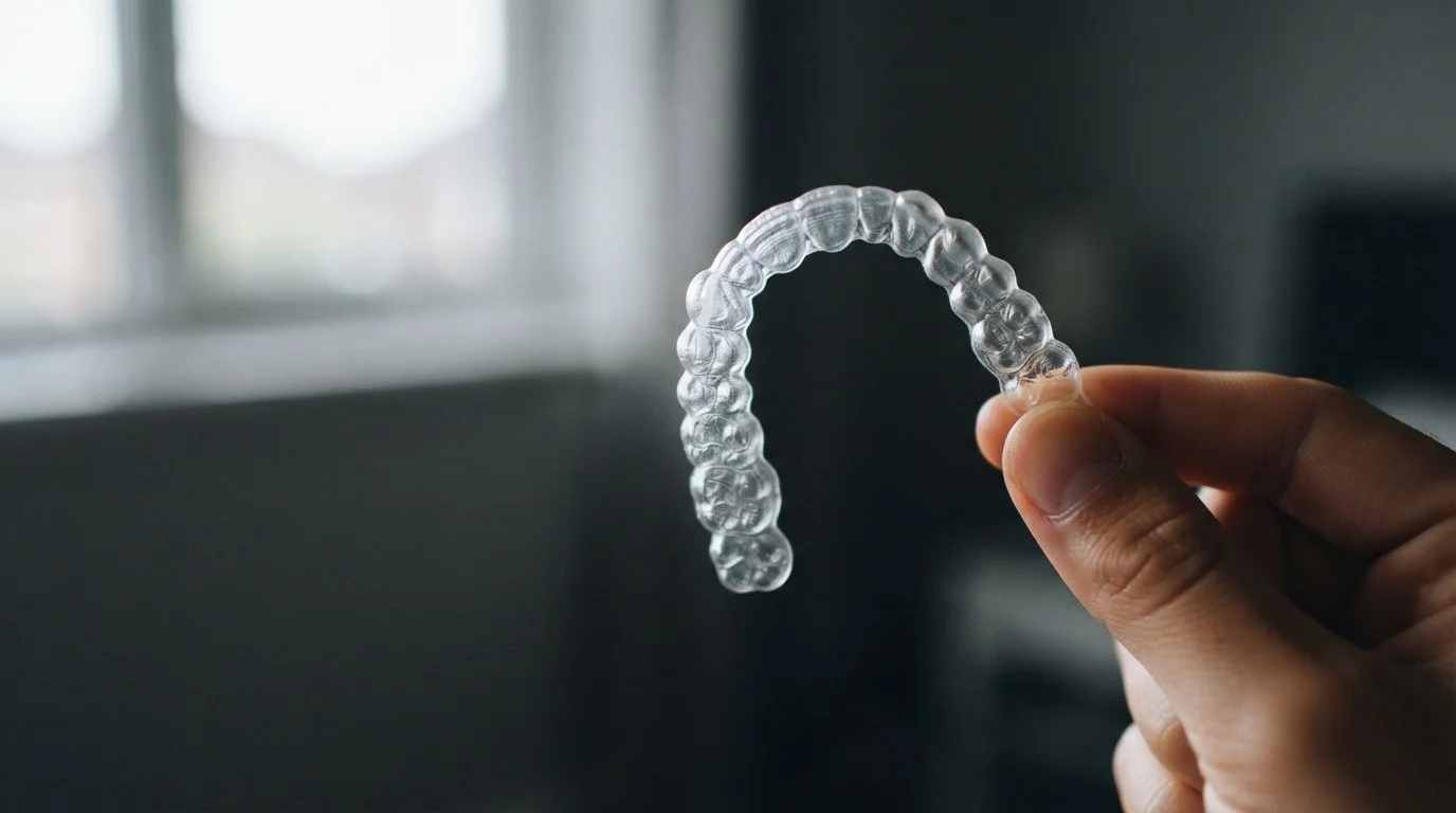 Transparente Aligner-Schiene im Gegenlicht am Fenster. Aligner und Invisalign in Binningen
