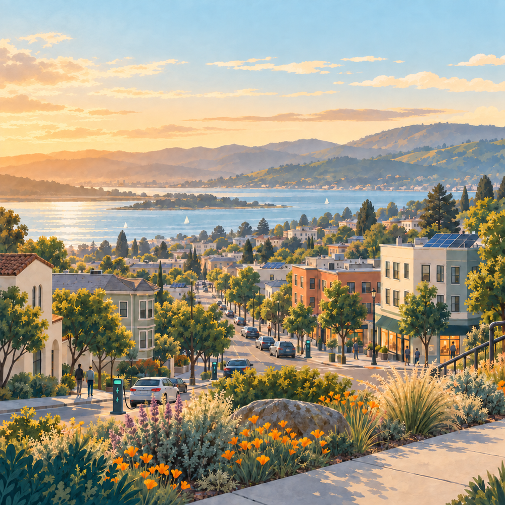 Illustrated Northern California urban neighborhood with rooftop solar, curbside EV chargers, native plants, and bay views