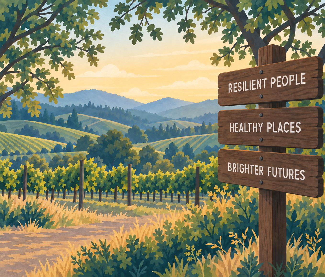 An illustrated Northern California vineyard at sunset with signs reading Resilient People, Healthy Places, Brighter Futures