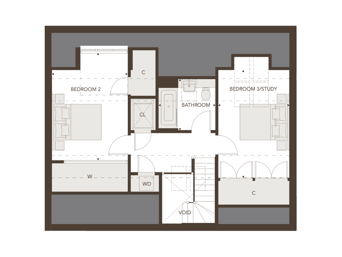 Floorplan of the three bedroom duplex apartment at Bower House, second floor, showing the second bedroom, third bedroom or study, and bathroom.