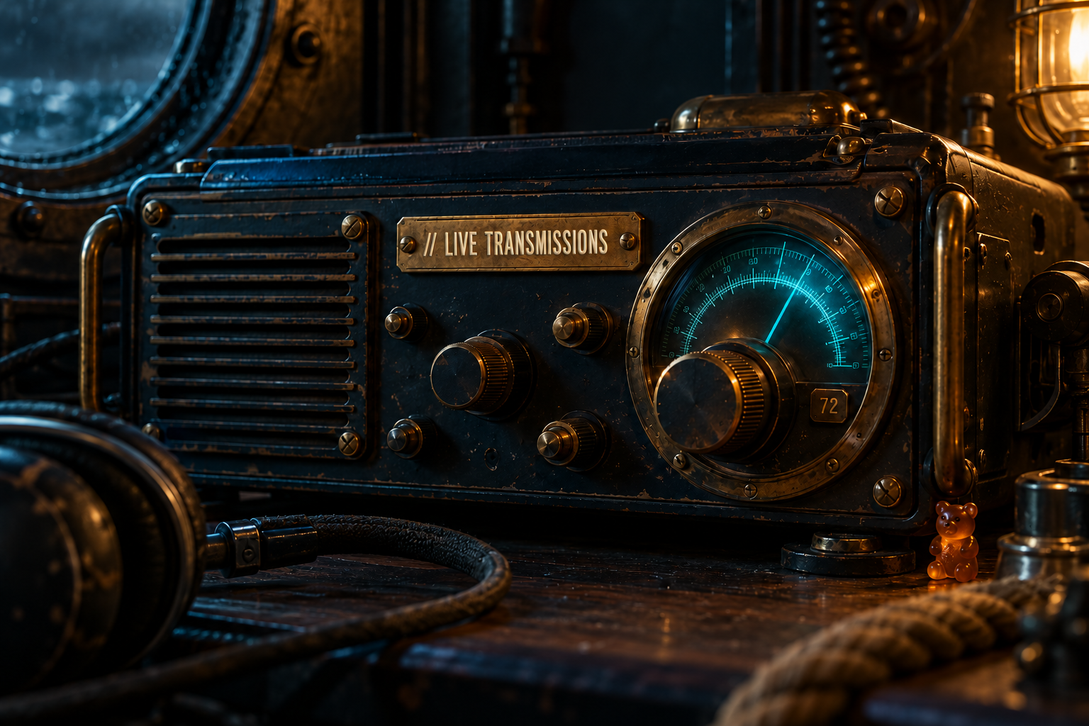 Live Transmissions — vintage marine radio in navy, cyan and brass, with a small orange gummy bear.