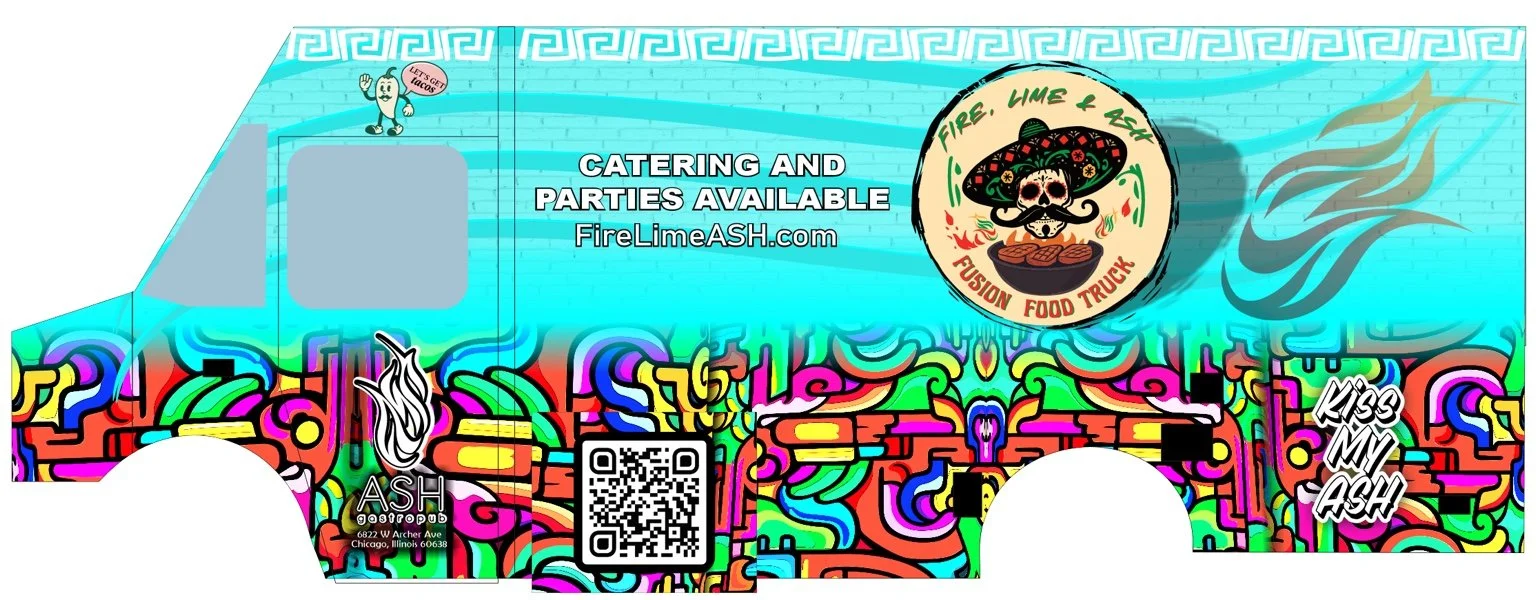 Official rendering of the Fire, Lime & ASH food truck featuring the turquoise wrap and original logo
