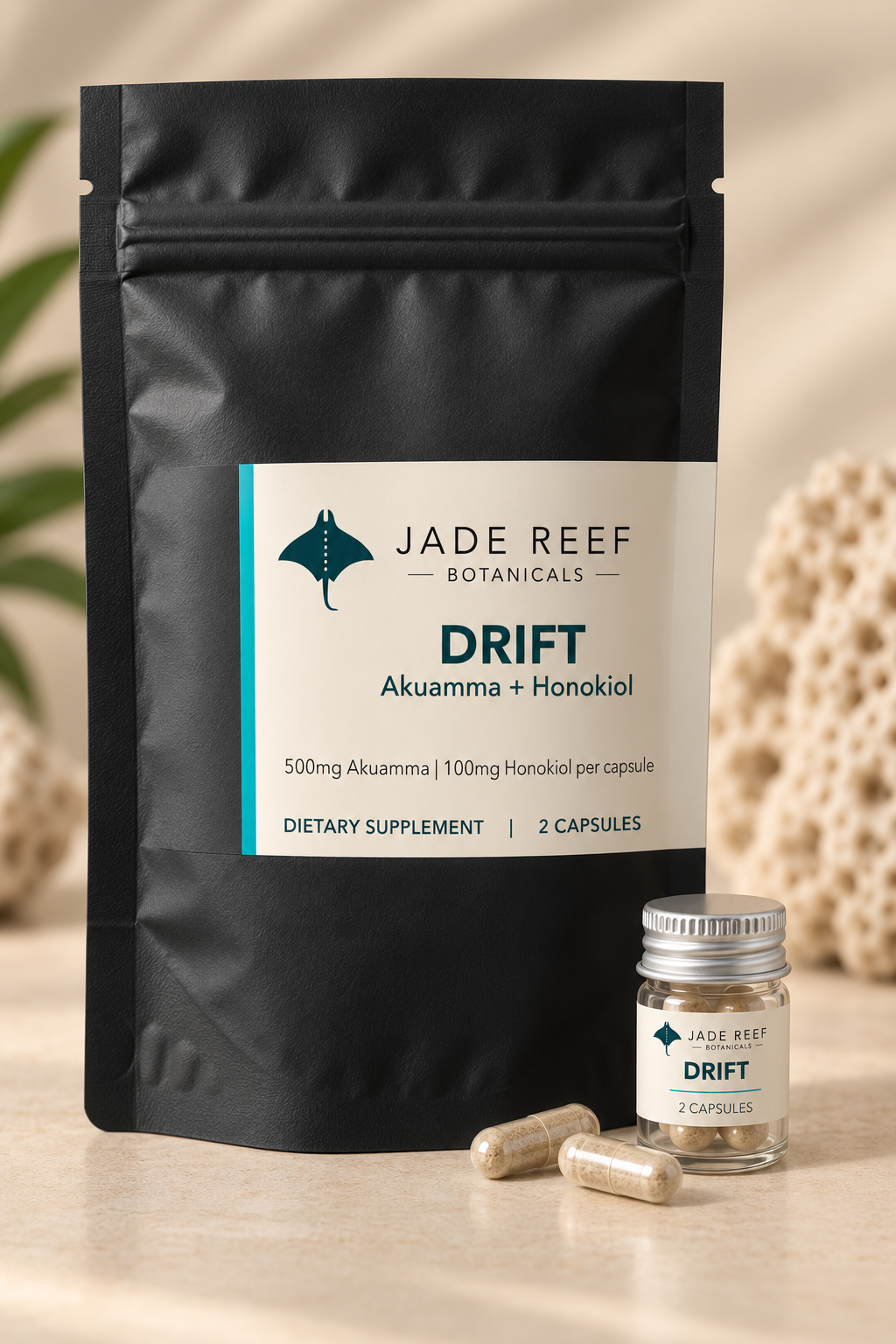 Jade Reef Drift 2 capsule pouch and glass jar