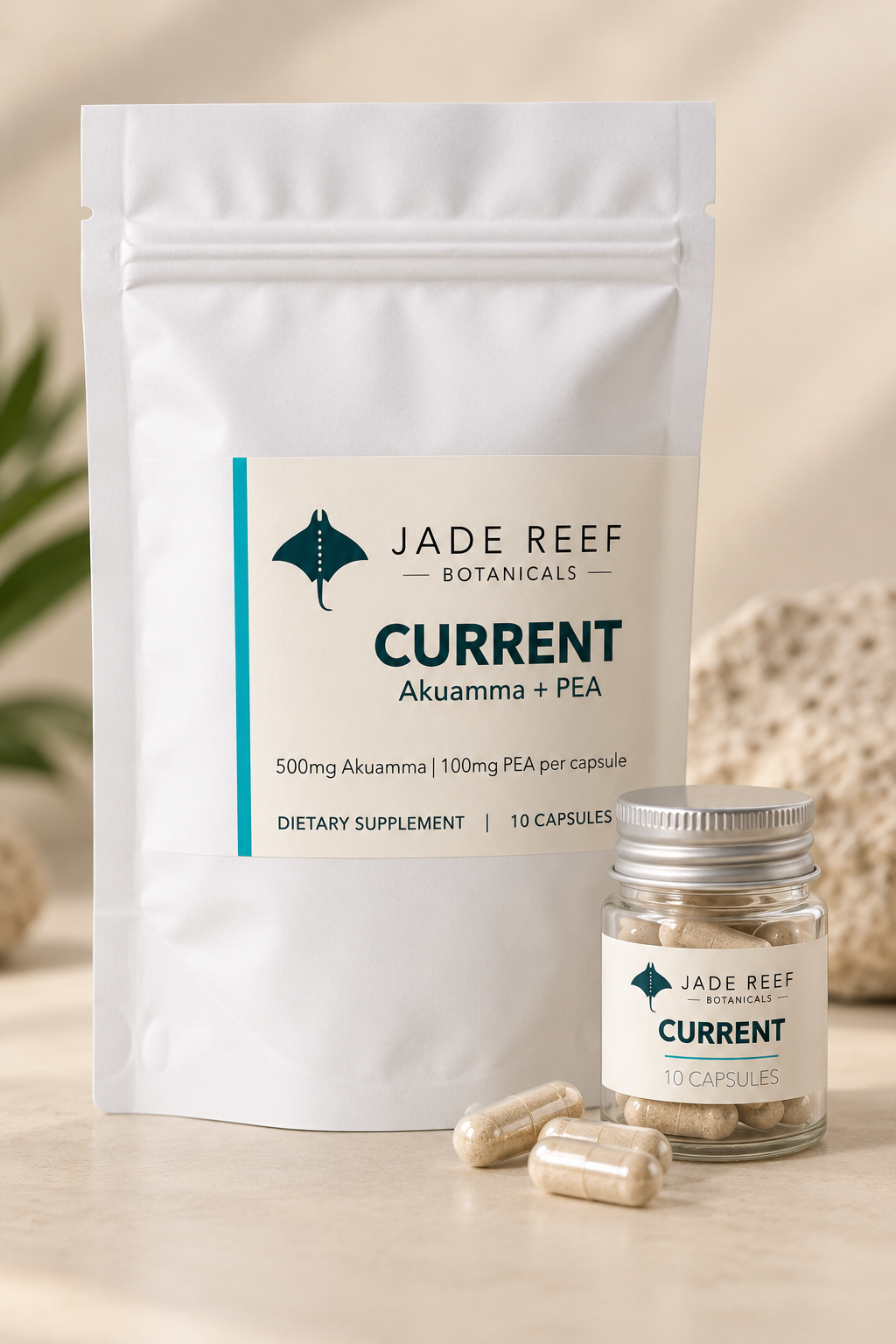 Jade Reef Current 10 capsule pouch and glass jar