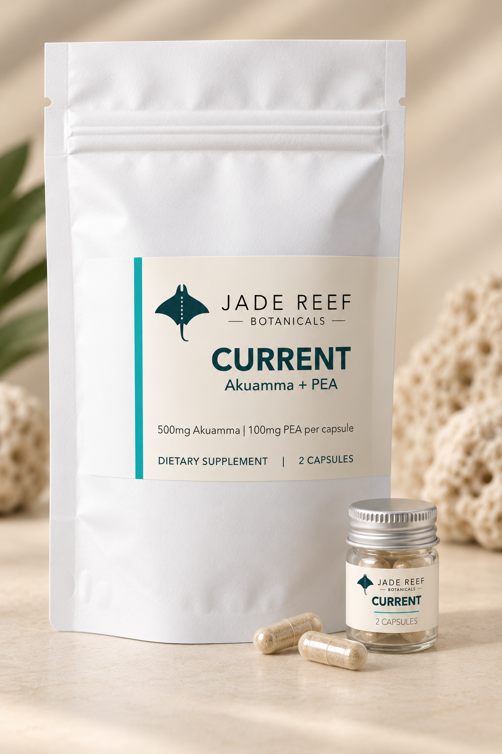 Jade Reef Current 2 capsule pouch and glass jar