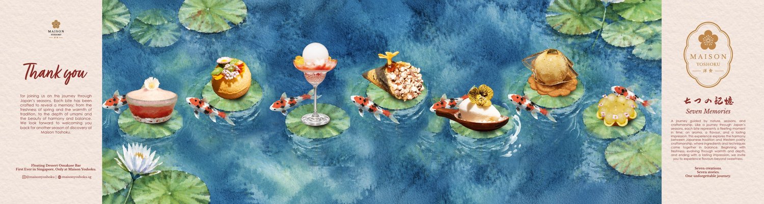 Seven dessert creations, lily pads and koi in the original Maison Yoshoku booklet