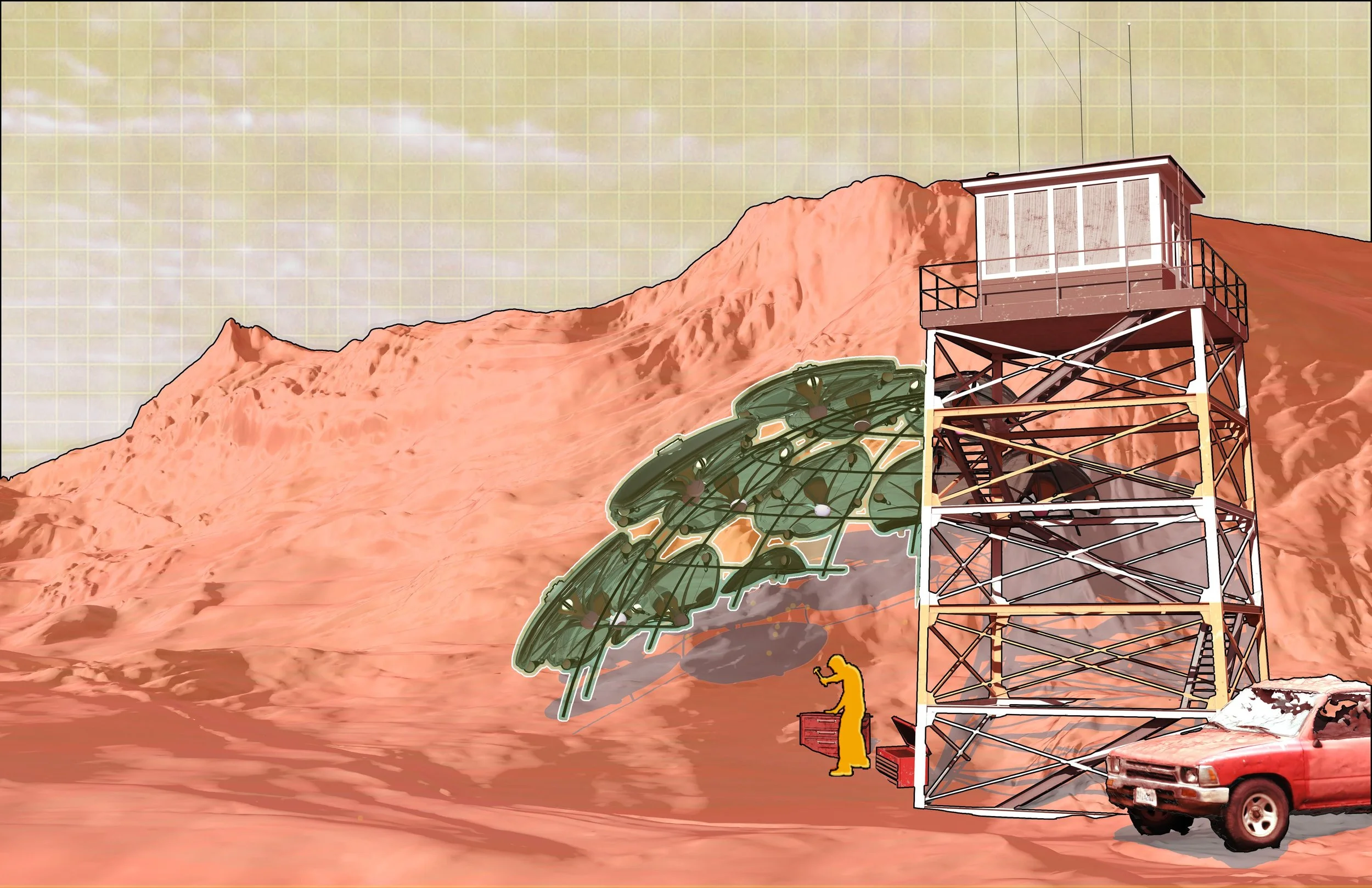 A filtration canopy assembled beside a desert fire lookout tower