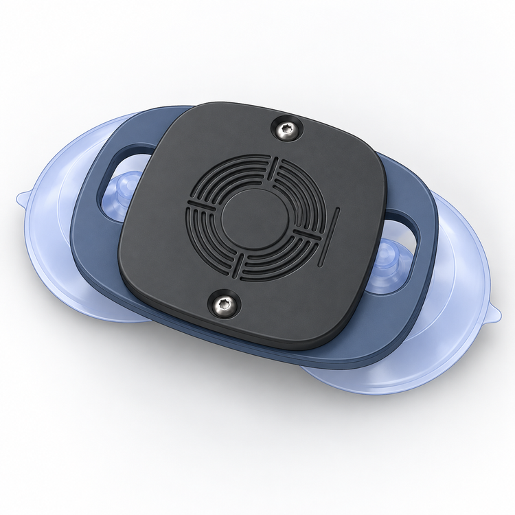 Visualización de estilo CAD de nuestro soporte personalizado para luz de piscina con dos ventosas grandes.