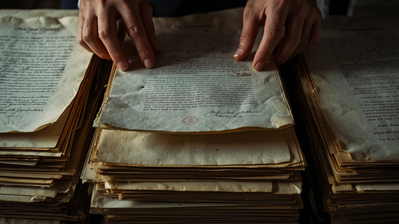 Mains consultant une pile de documents anciens