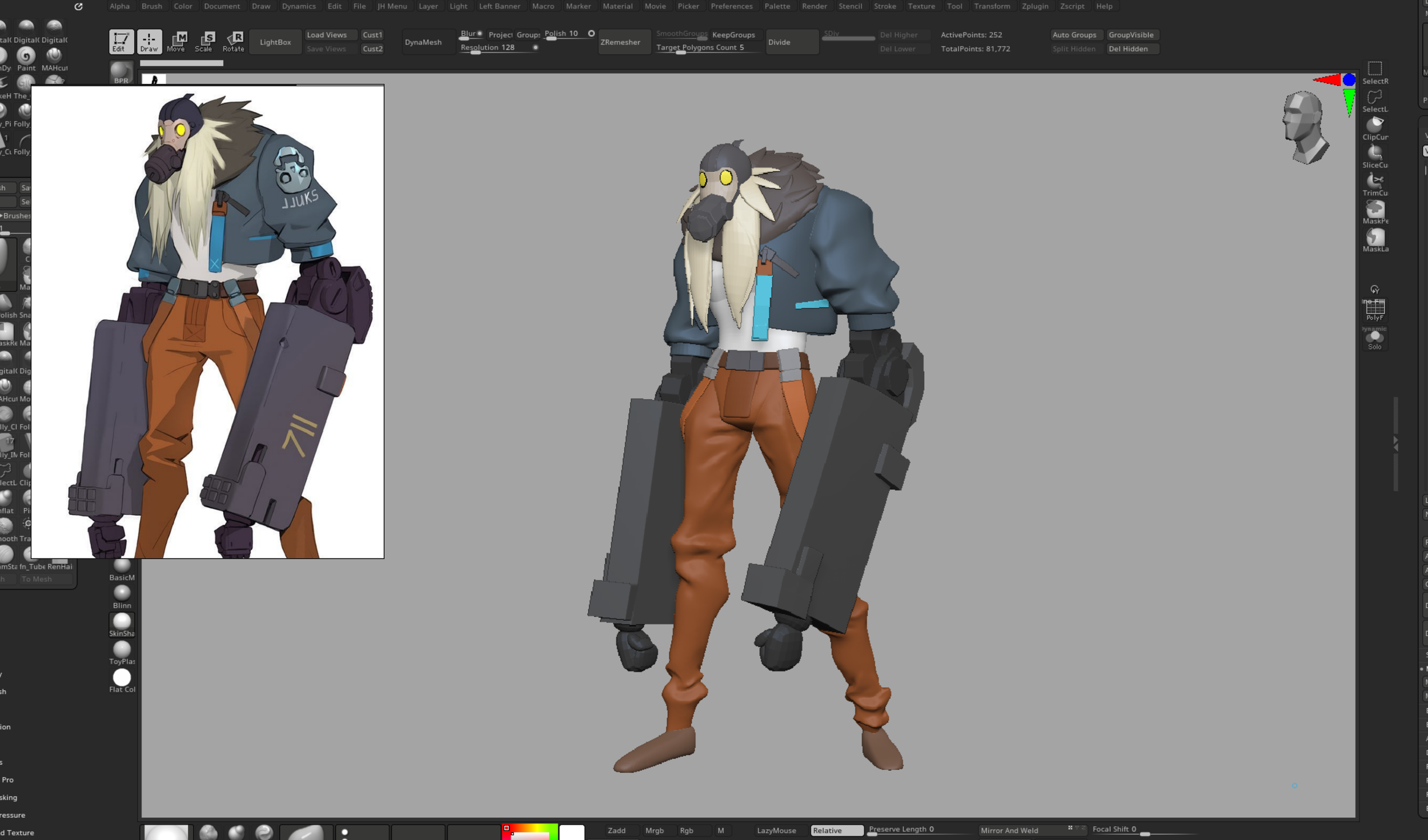Stylized masked character blockout work in progress