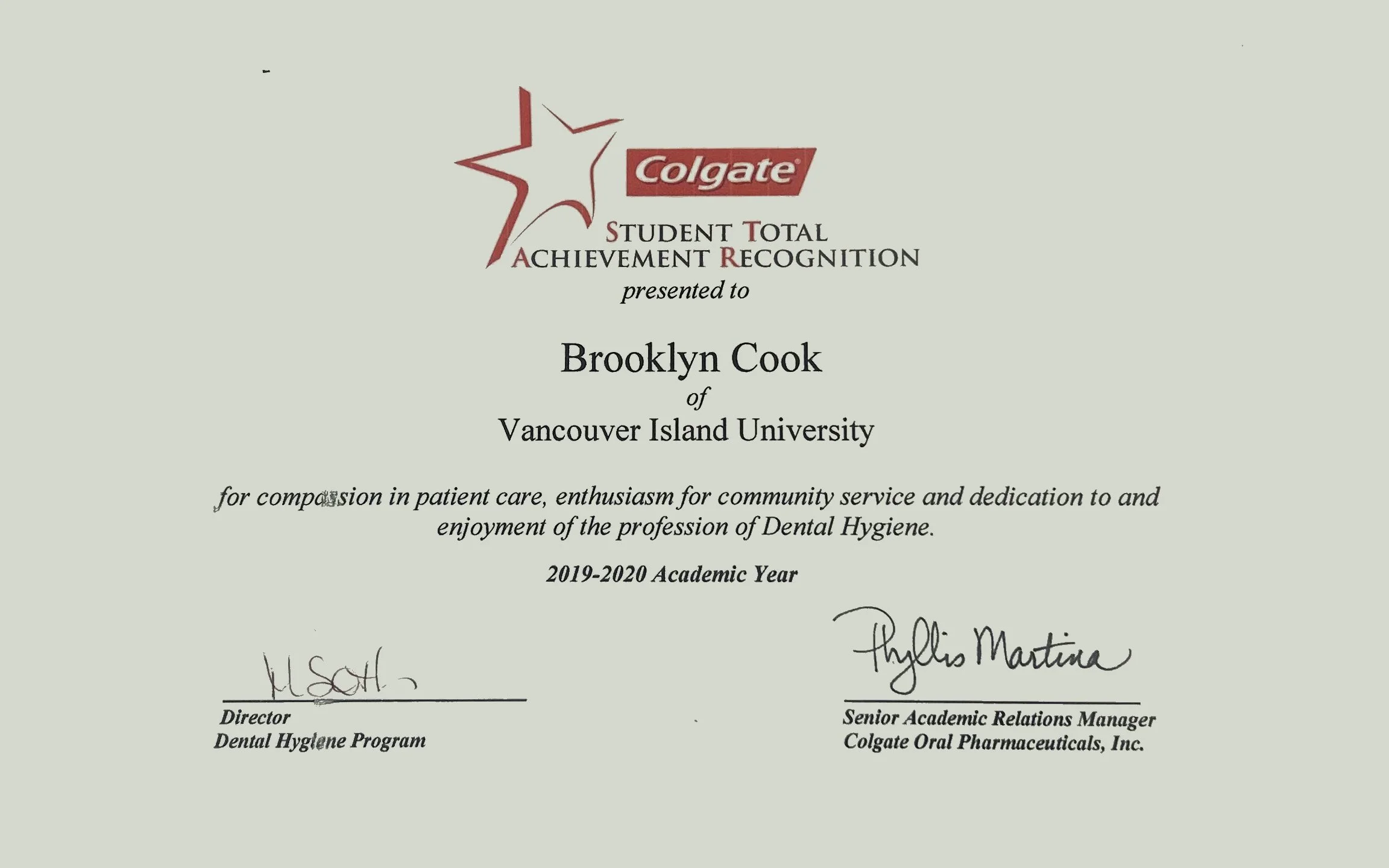Brooklyn receiving the Colgate STAR Award