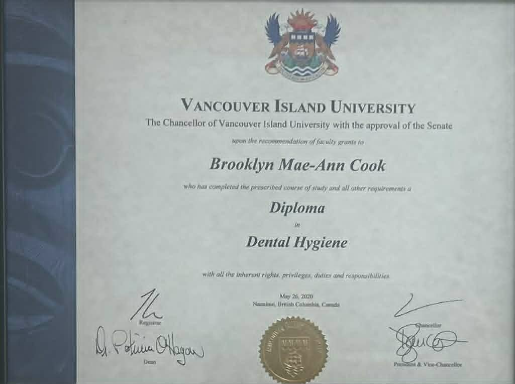 Brooklyn's dental hygiene diploma certificate