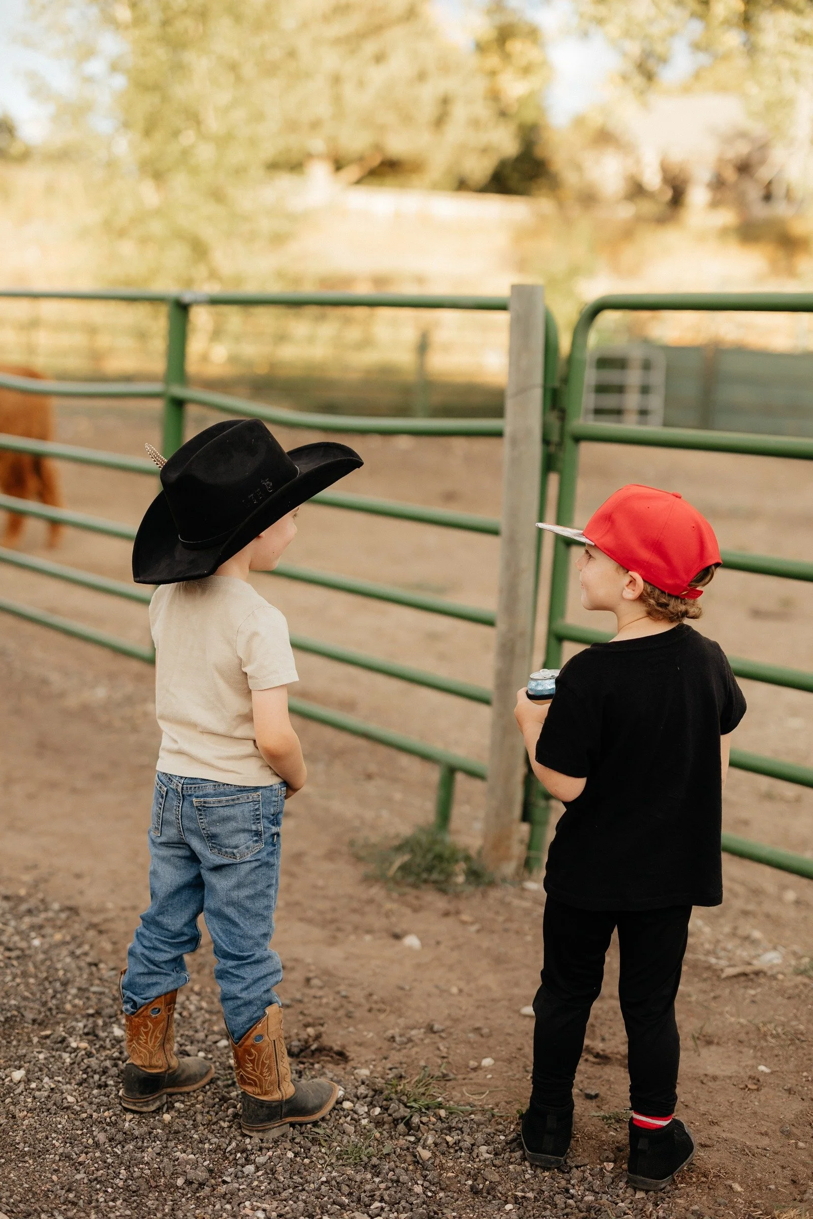 Two children in cowboy boots and hats talking beside the farm gate