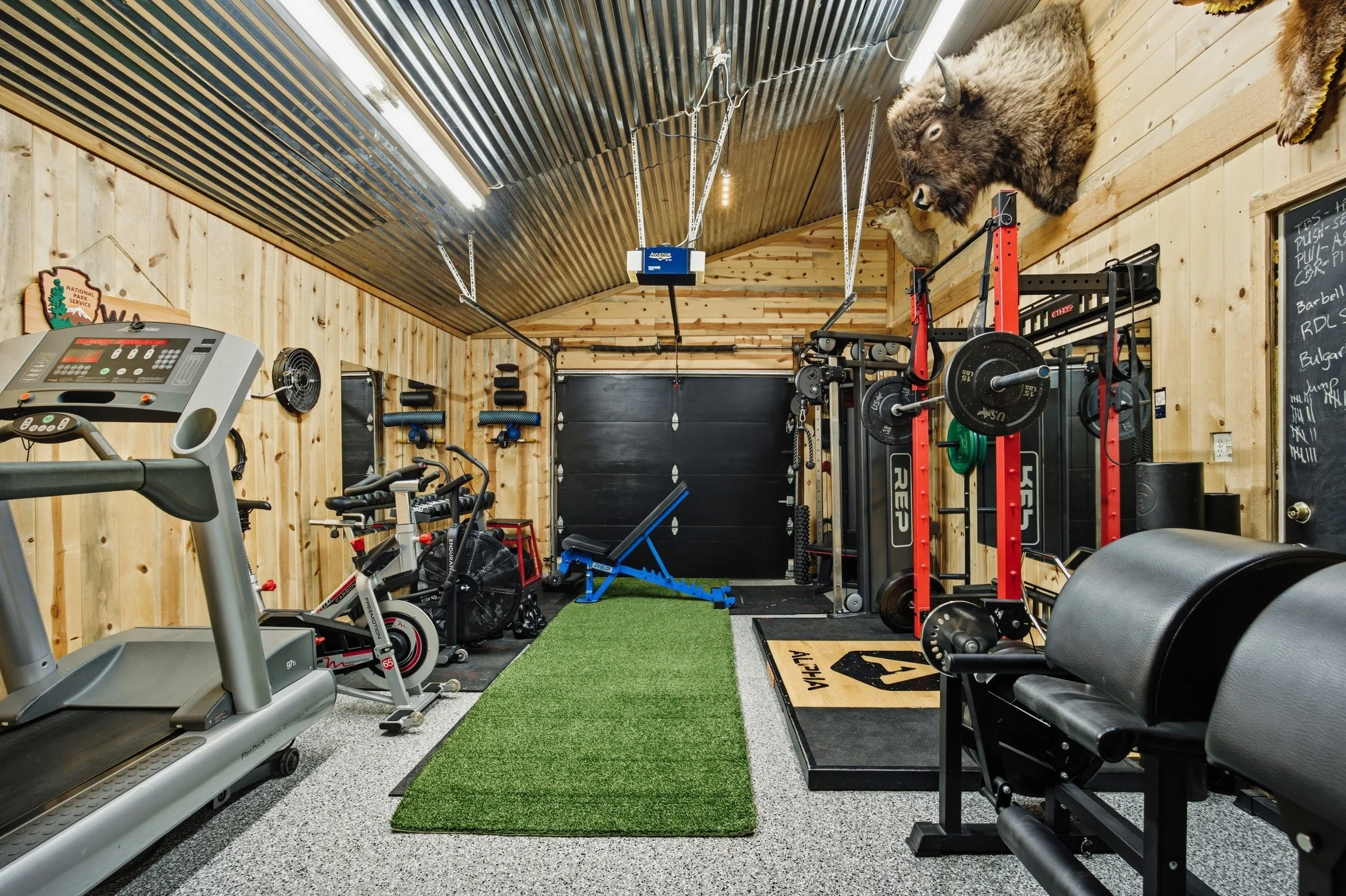 Farm gym with workout equipment and open exercise space