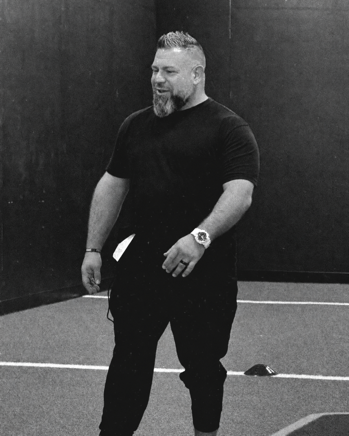 Black-and-white standing portrait