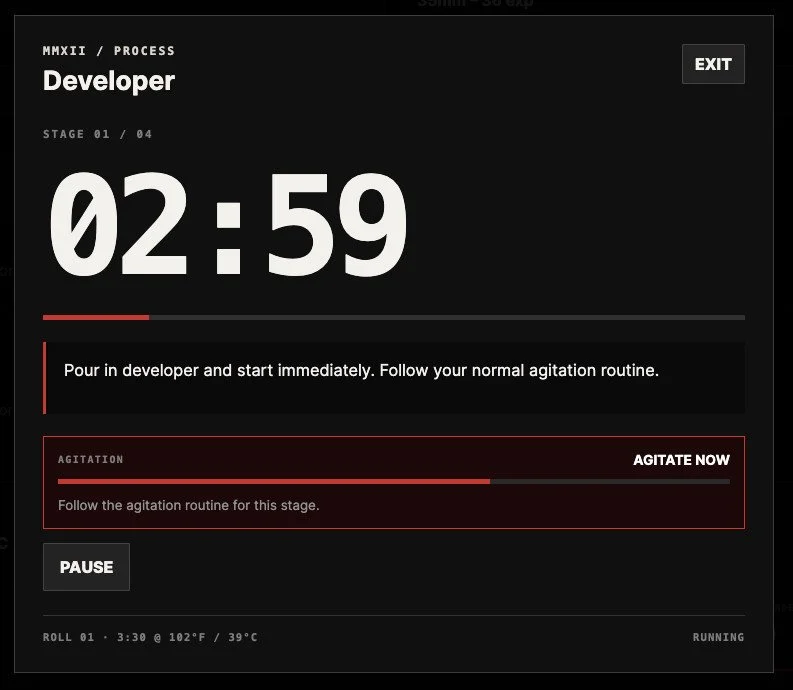 MMXII agitation timer mid-process, stage 1 of 4, developer running