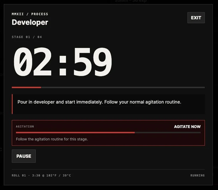 MMXII agitation timer mid-process, stage 1 of 4, developer running