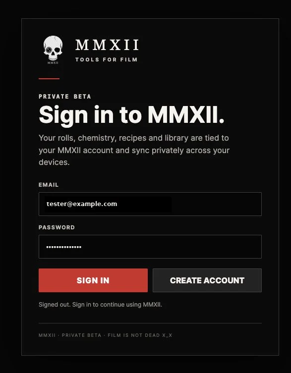 MMXII account sign-in screen