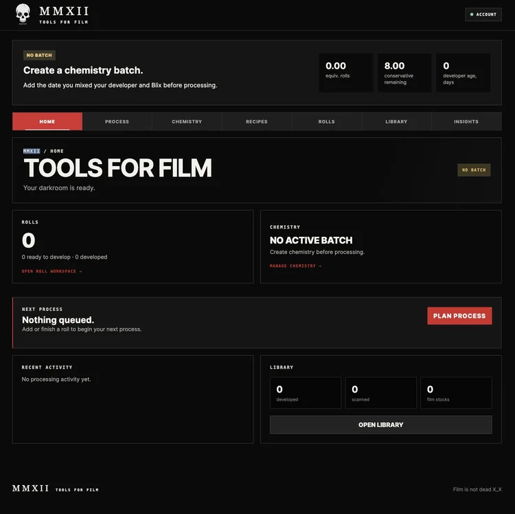 MMXII home dashboard showing rolls, chemistry, and next process