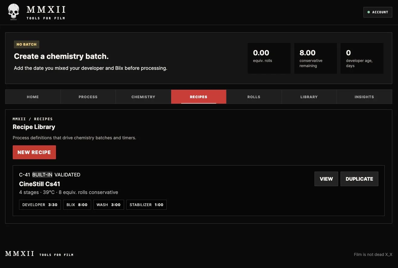 MMXII recipe library screen