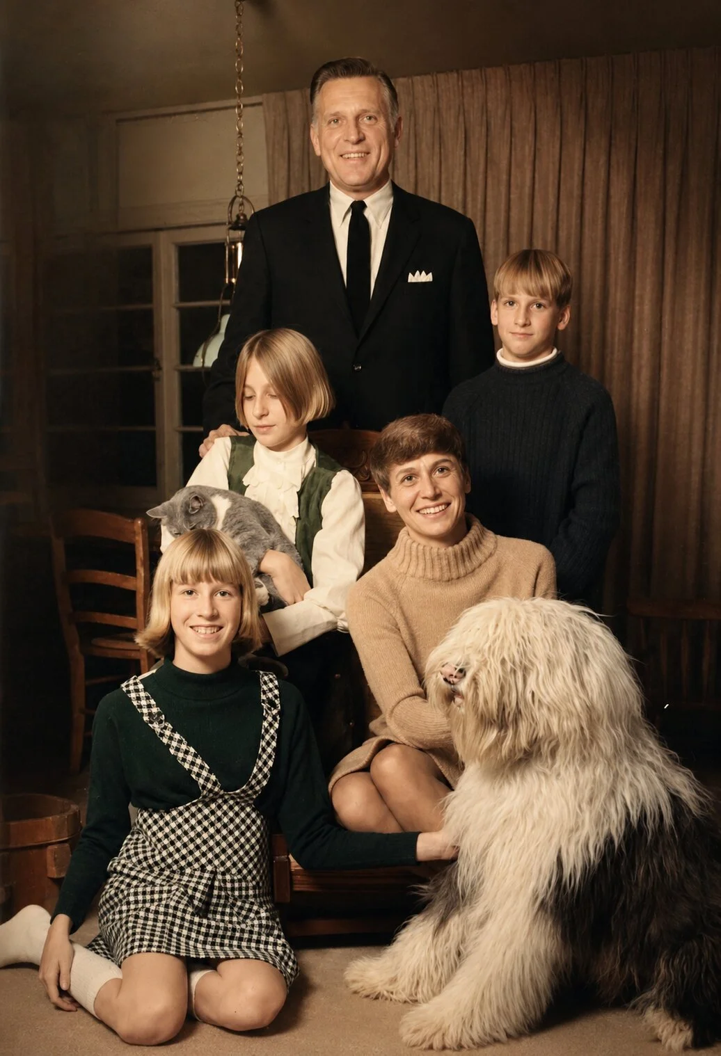 A 1960s family portrait — the family with Bartholomew, an Old English Sheepdog