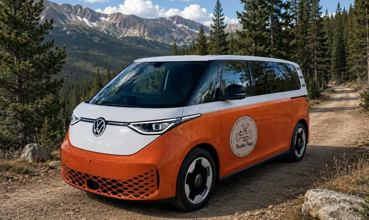 The Boulder Puppy van, an orange and white VW ID. Buzz with the Boulder Puppy badge on the door, parked on a dirt road in the Colorado foothills