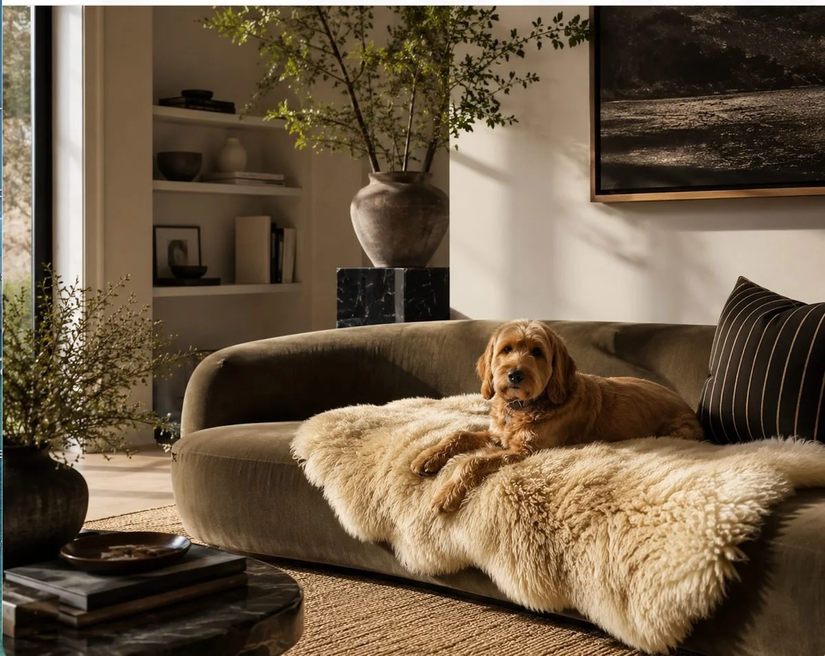 A dog-friendly living room with a golden dog resting on the sofa
