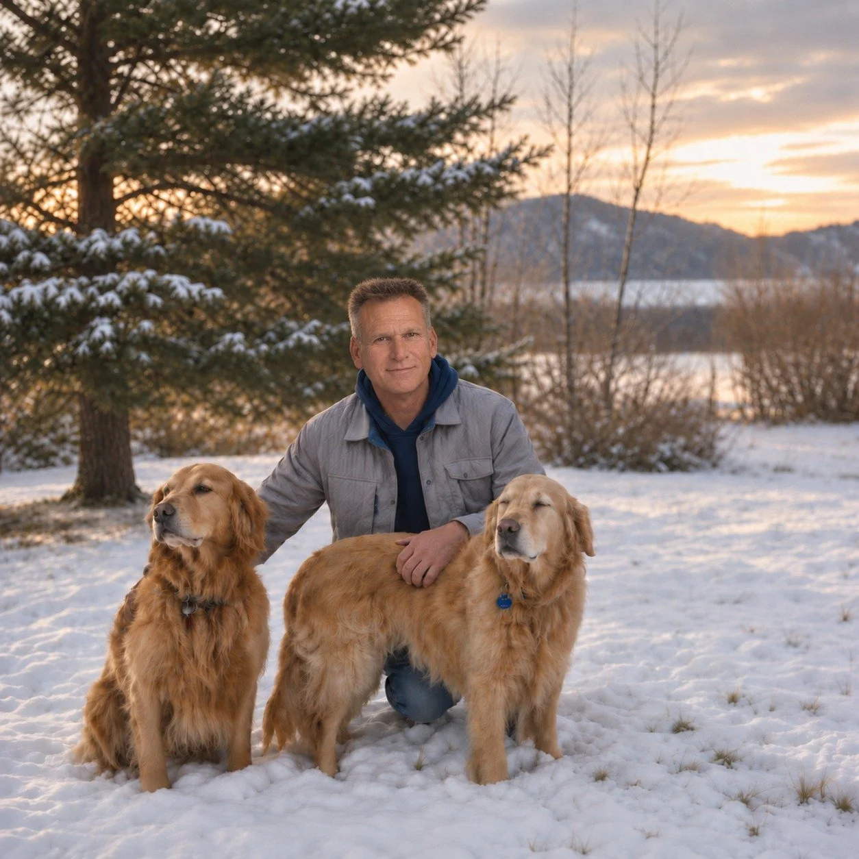 Hunter Margolf kneeling in the snow with two golden retrievers