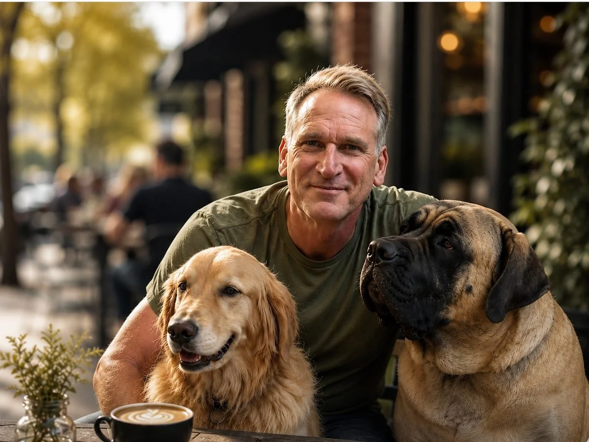 Hunter outdoors with a golden retriever and a mastiff