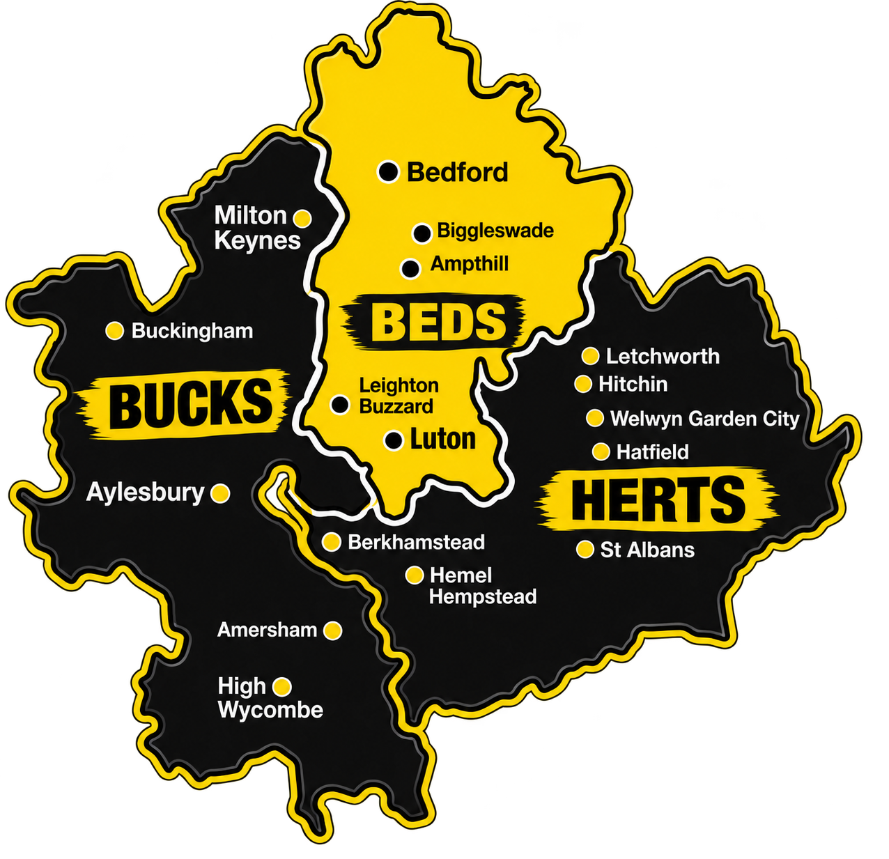 Interactive coverage map of Hertfordshire, Bedfordshire and Buckinghamshire. Use the town links or markers to enquire about delivery.