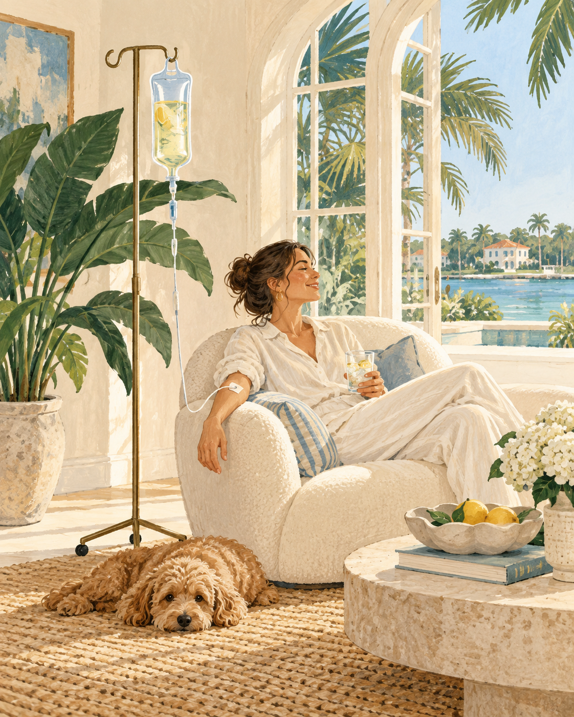 Editorial illustration of a woman receiving concierge IV therapy at home