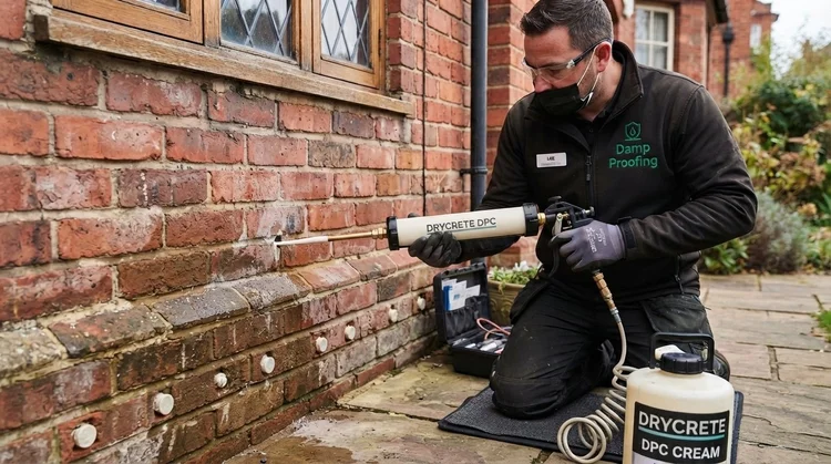 Damp proofing specialist carrying out damp proof course treatment