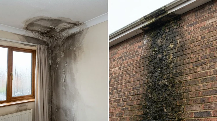 Examples of damp and moisture damage to internal and external walls
