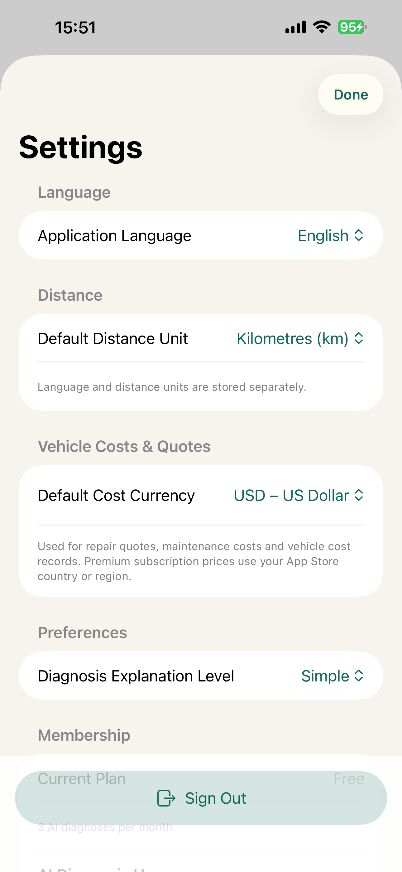 CarFixMate Settings and Preferences screen
