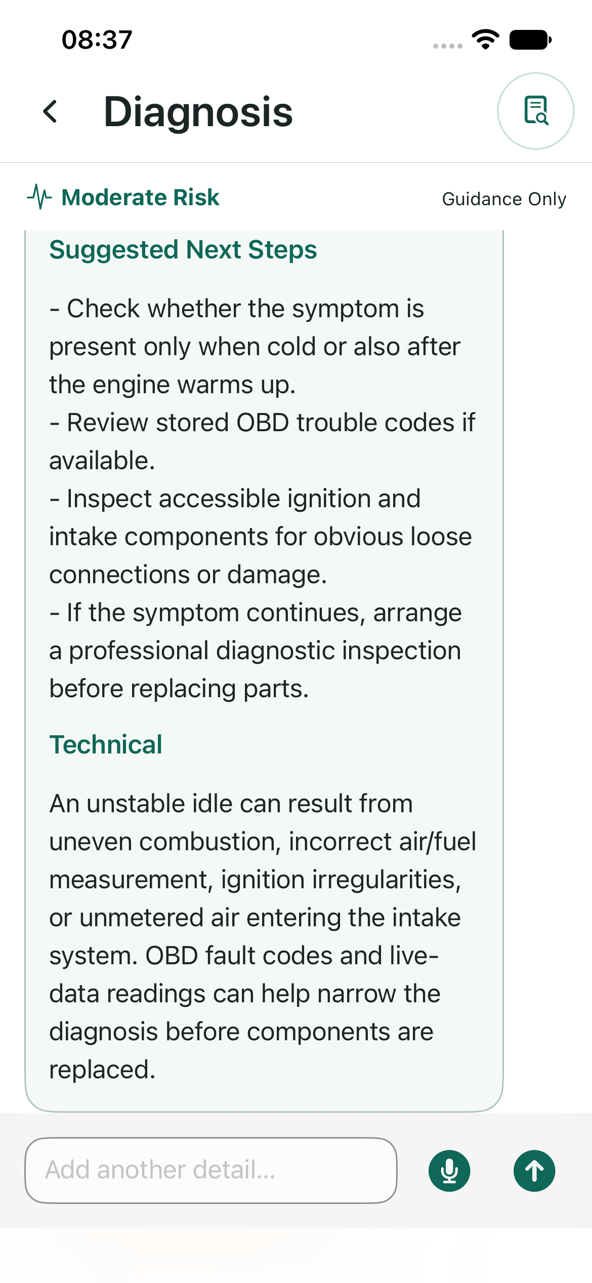 CarFixMate diagnosis guidance example showing Moderate Risk, safe next steps and a technical explanation