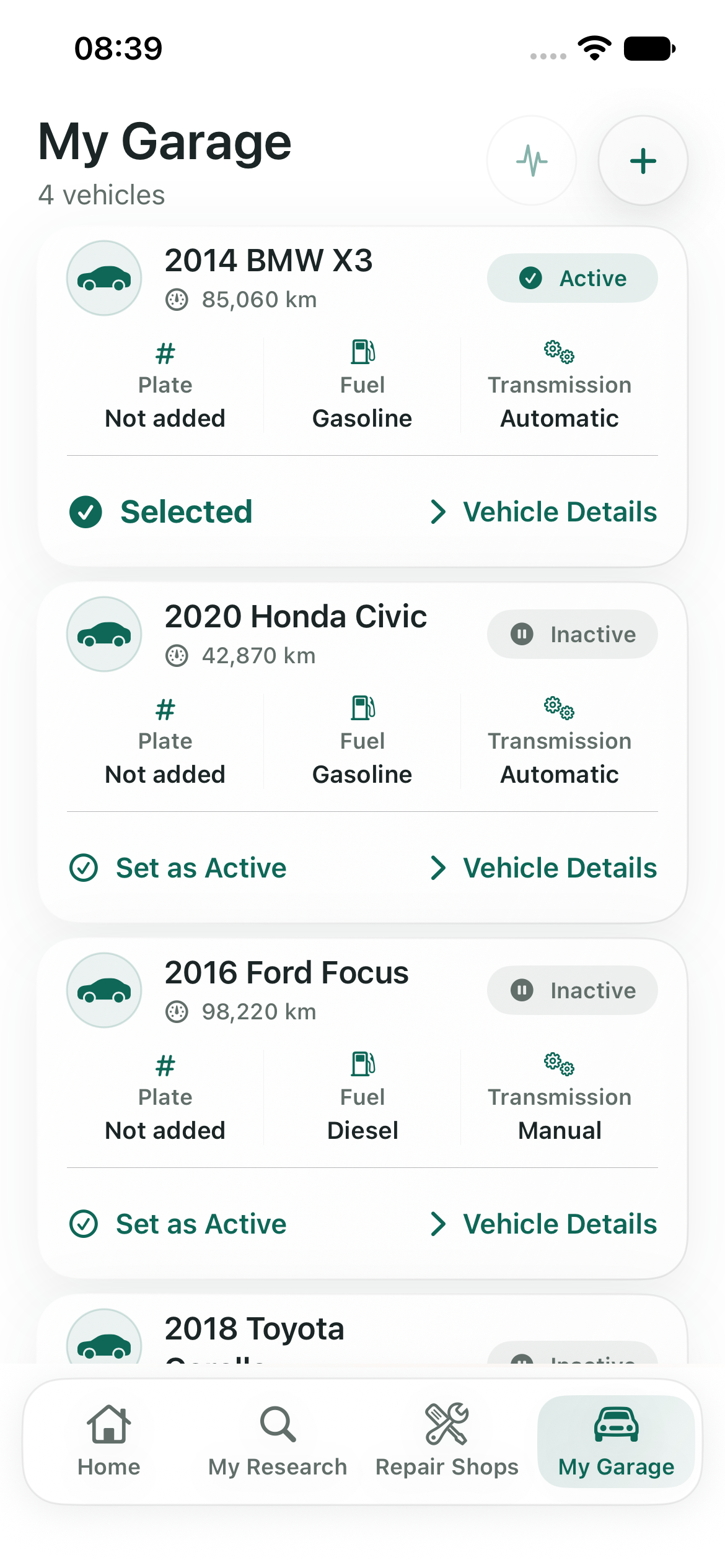 CarFixMate garage example showing illustrative vehicle records