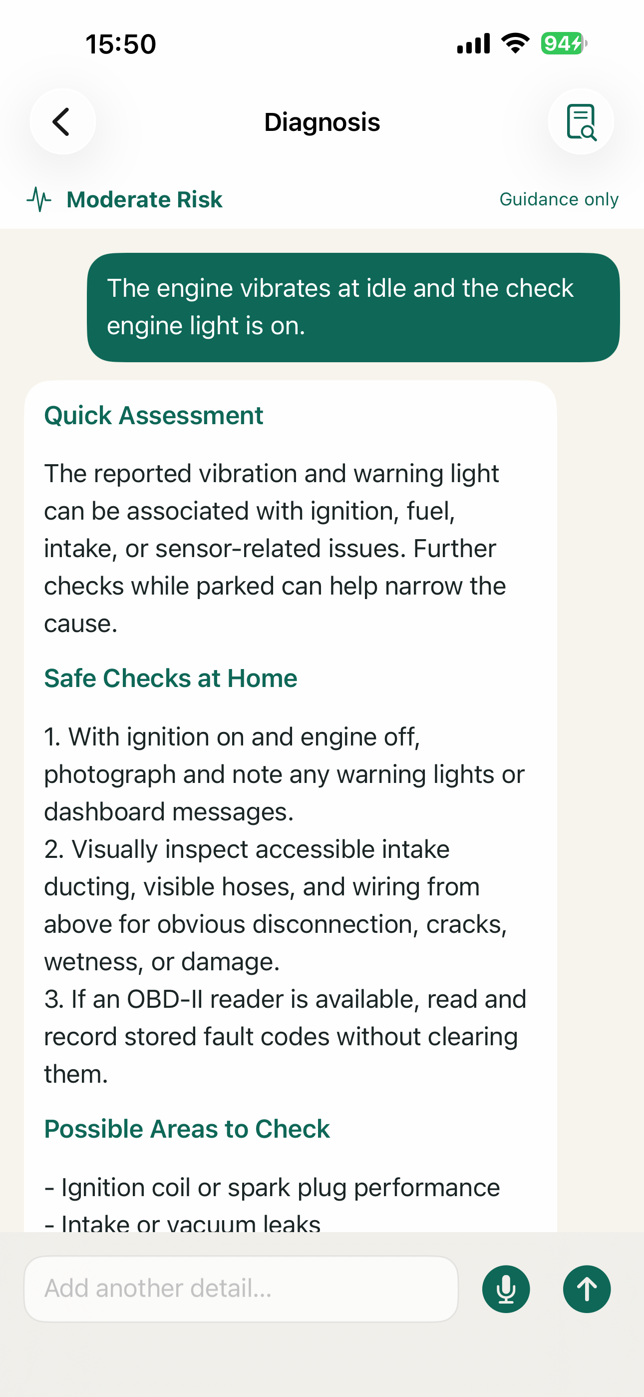CarFixMate AI Diagnosis screen