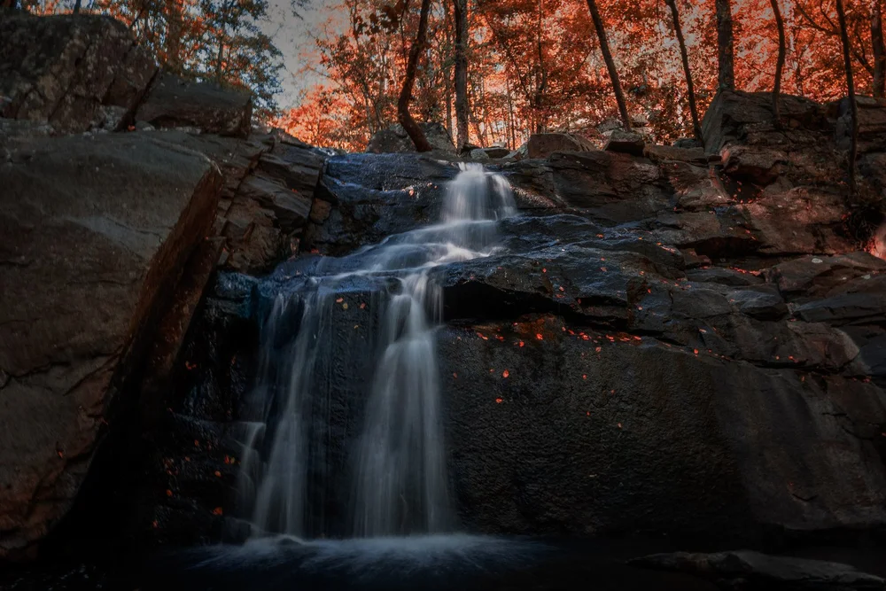 A waterfall tumbles over layered rock beneath red autumn leaves.
