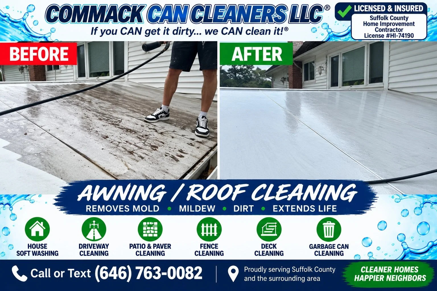 Awning surface with dirt and buildup before cleaning