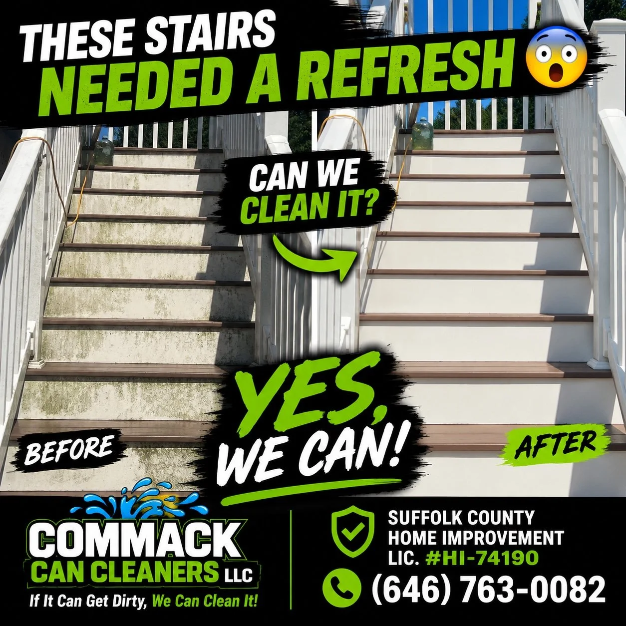 Outdoor stair risers with green buildup before cleaning