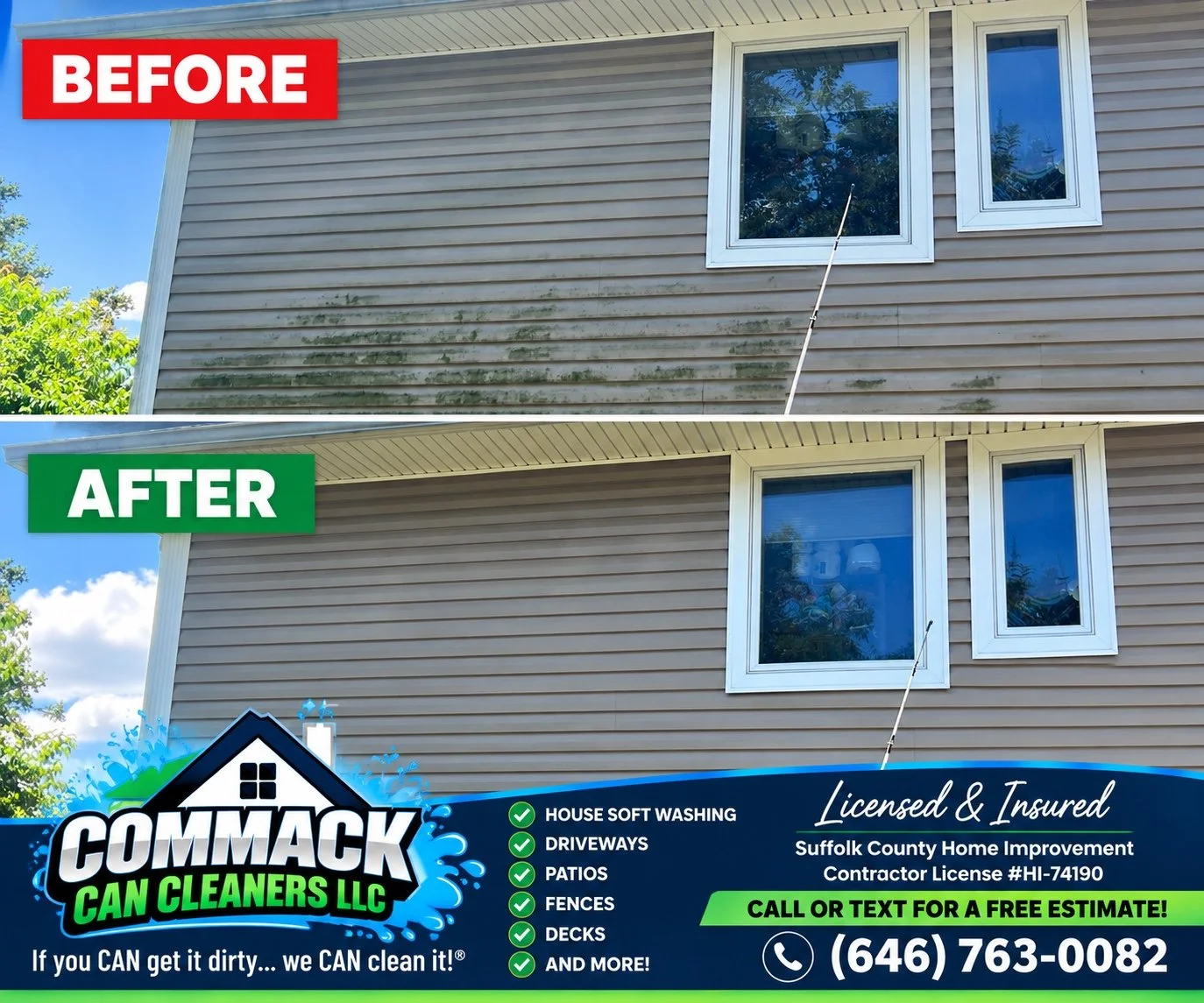 Vinyl siding with green buildup before soft washing